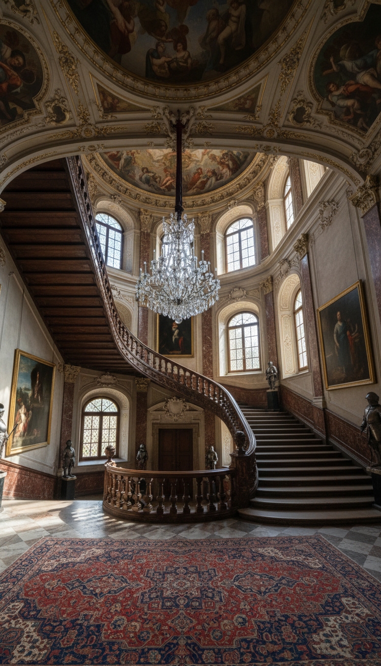 wooden staircase design - Grand Wooden Staircases: Majestic and Inviting - Ornate carvings and wide steps