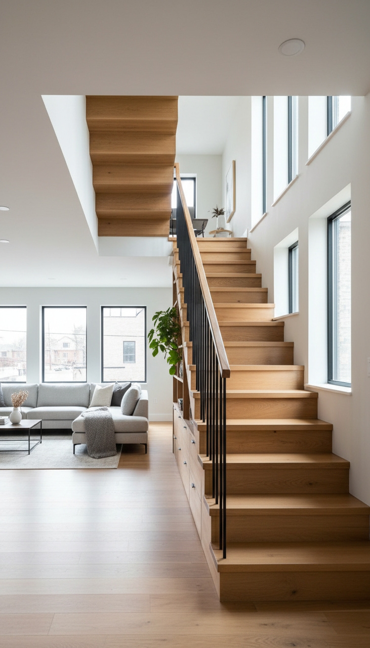 wooden staircase design - Modern Sculptural Wooden Stairs - Open design with metal railing