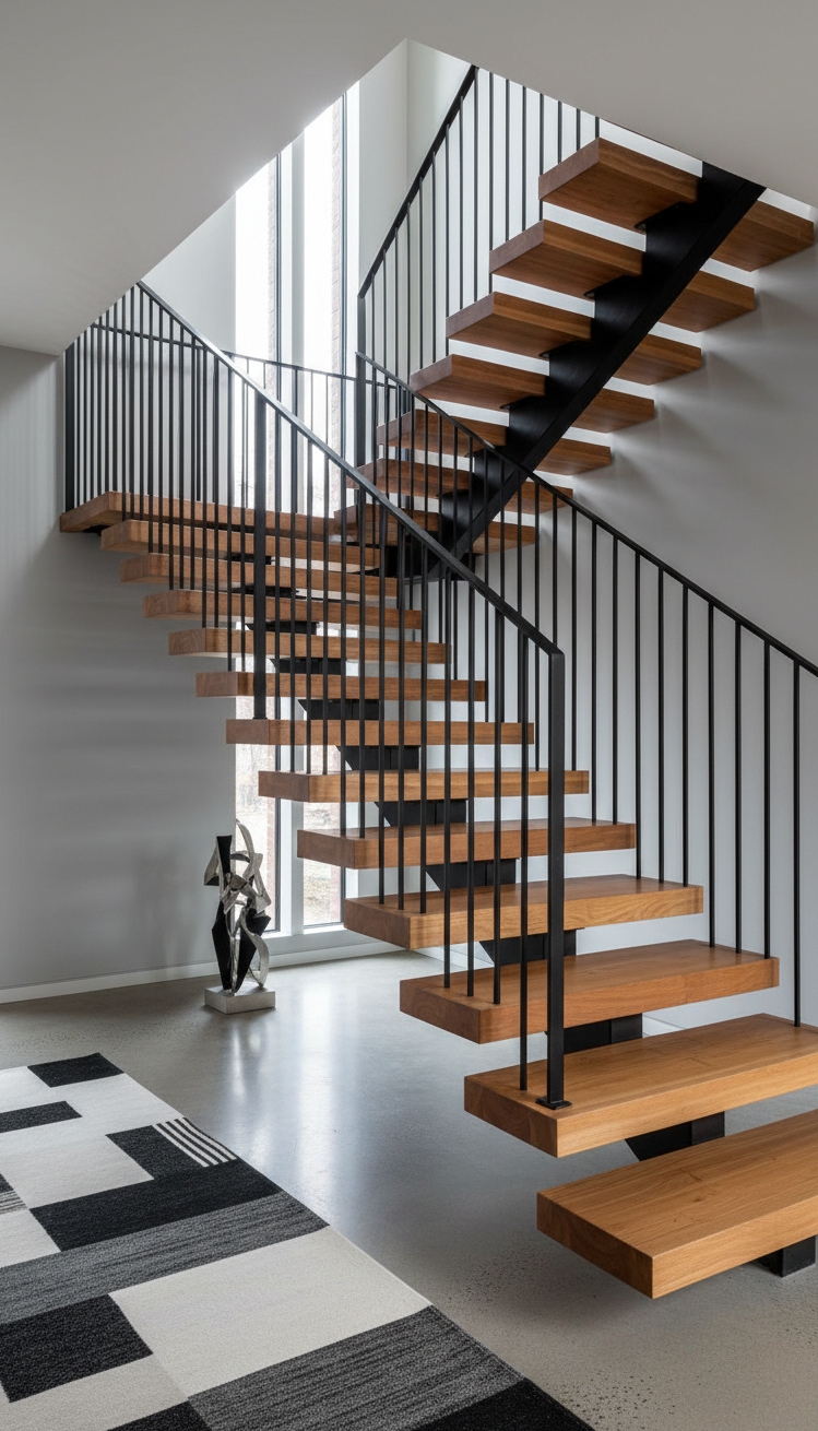 wooden staircase design - Contrasting Materials: Wood Meets Metal - Warm wood with dark metal railings