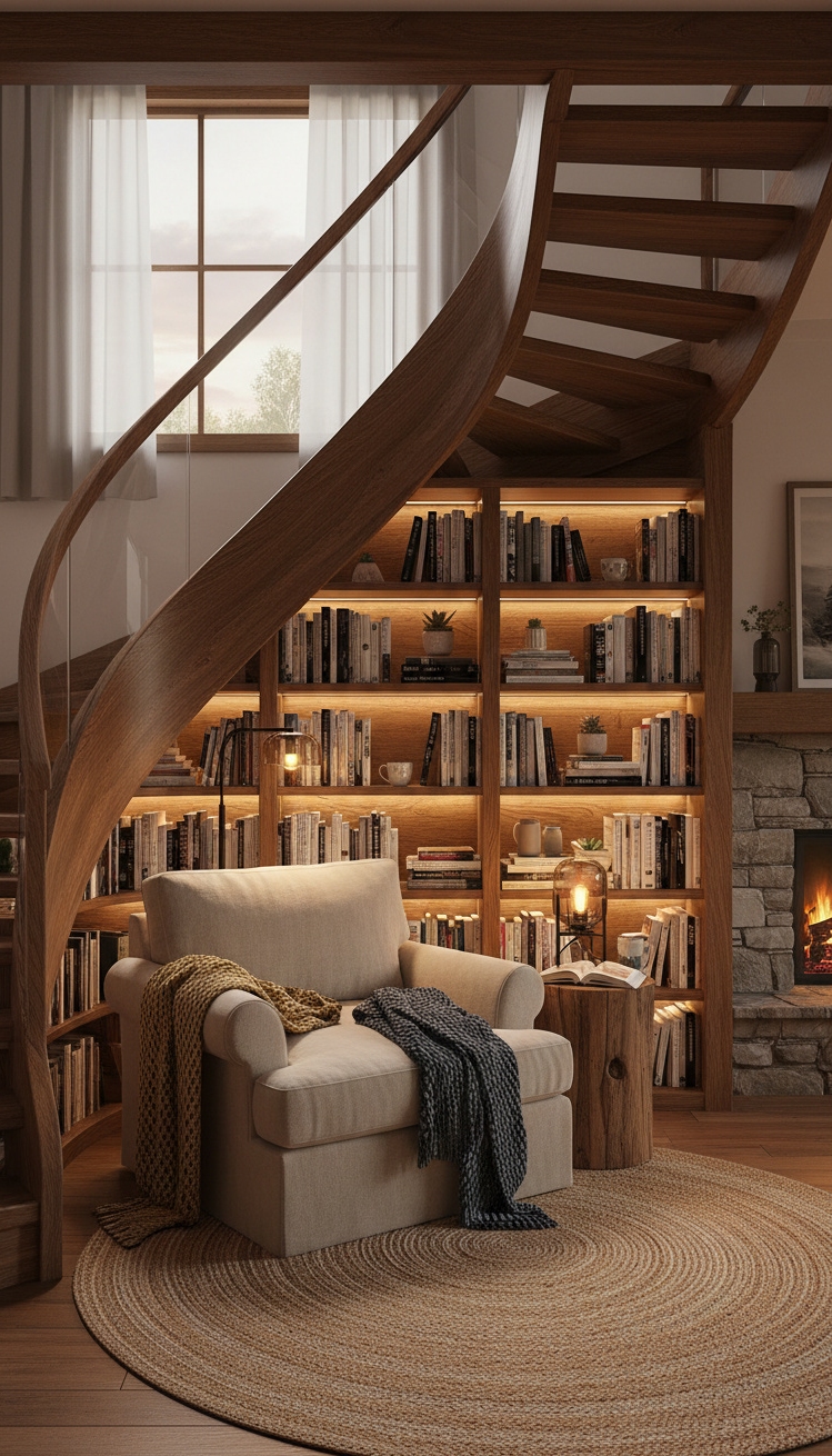 wooden staircase design - Cozy Bookshelf Nooks Beneath Wooden Stairs - Built-in shelves with books
