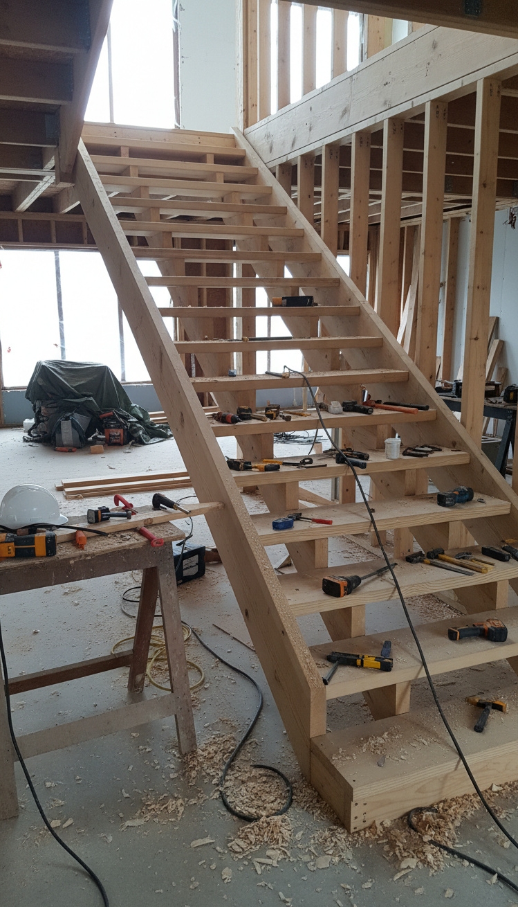 wooden staircase design - Raw Wood Stairs: Authentic and Unfinished - Exposed framework and natural wood