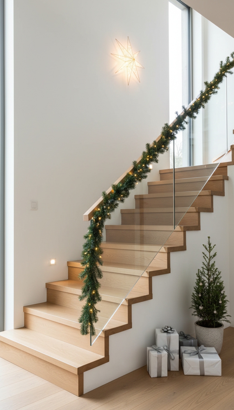 wooden staircase design - Seasonal Minimalism: Festive Wooden Stairs - Simple garland and lights