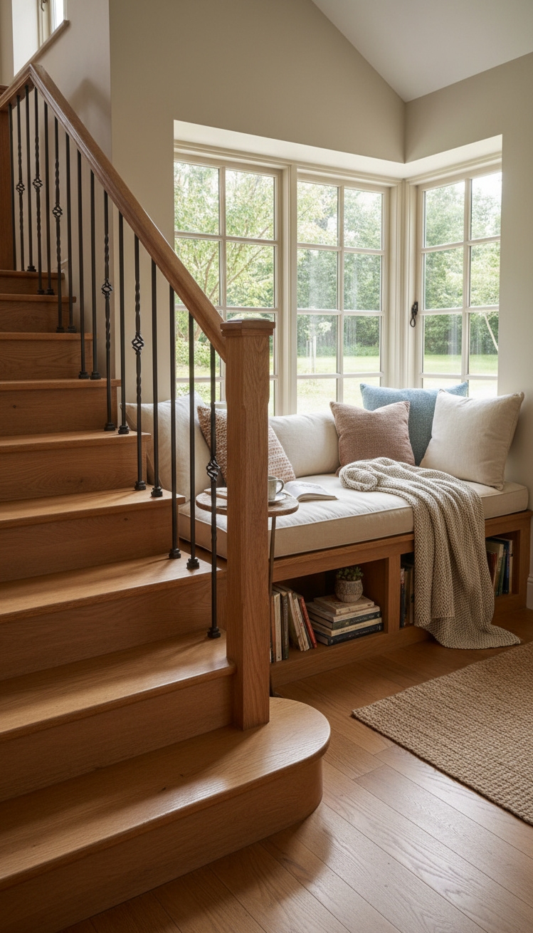 wooden staircase design - Comfort-Focused Wooden Staircases - Curved stairs with window seat