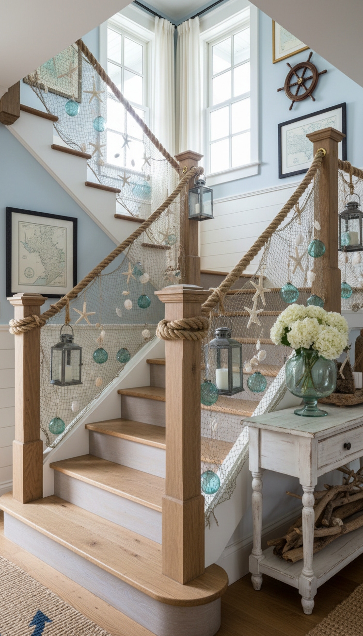 wooden staircase design - Coastal Charm: Rope Railings with Wooden Steps - Nautical rope banisters