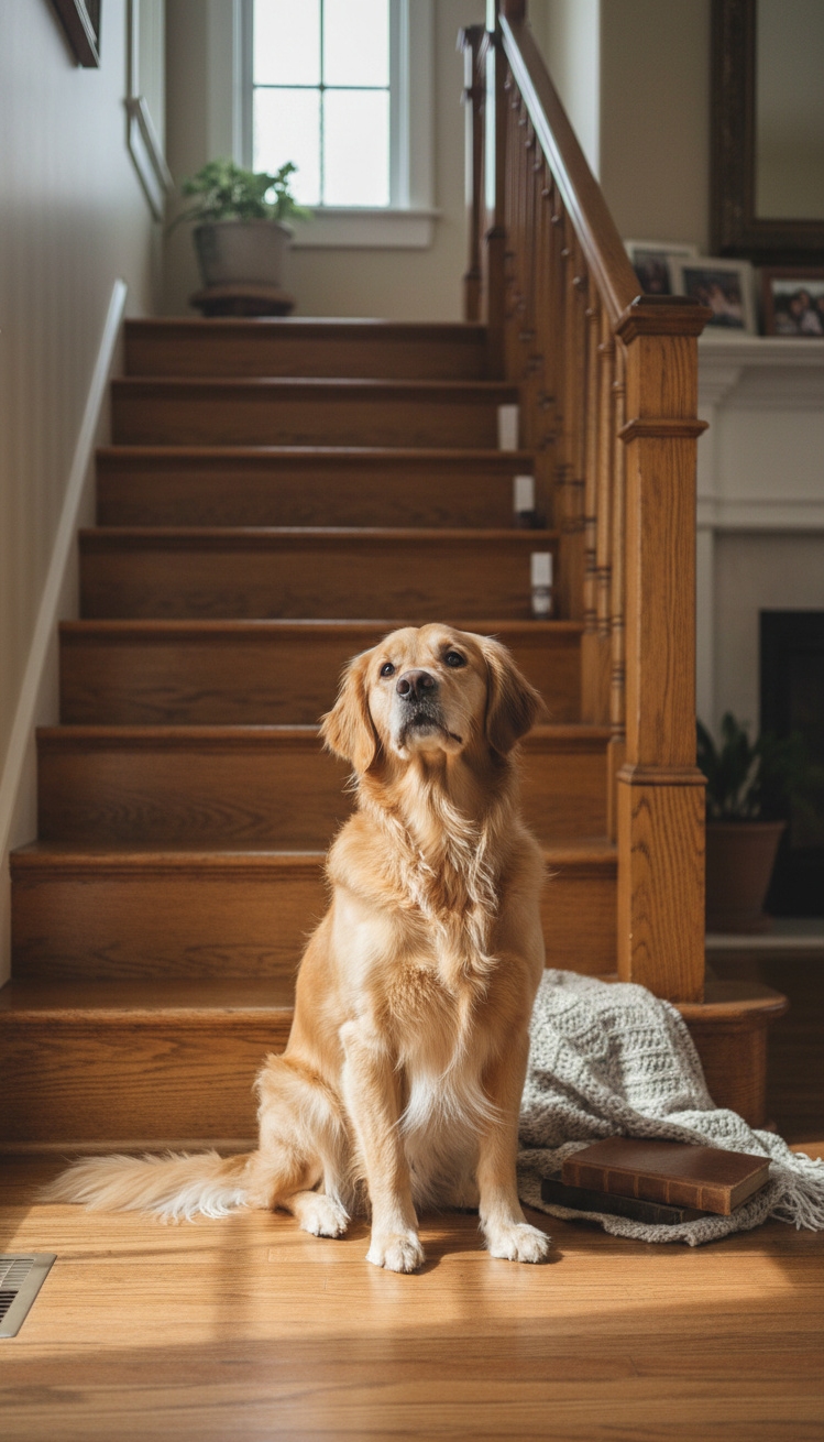 wooden staircase design - Welcoming Wooden Staircases with Natural Accents - Curved stairs with pet