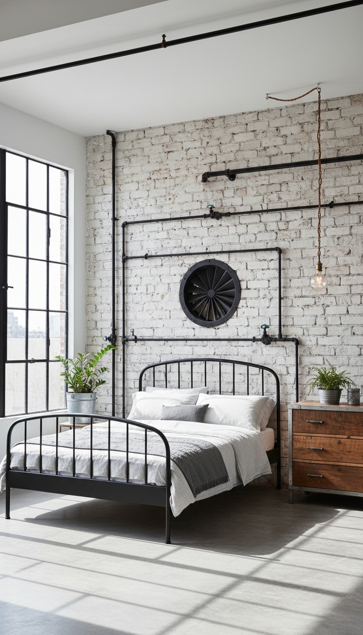 black and white bedroom ideas - Industrial-Chic Black and White Bedroom Inspirations - Black iron bed frame contrasts with white brick wall