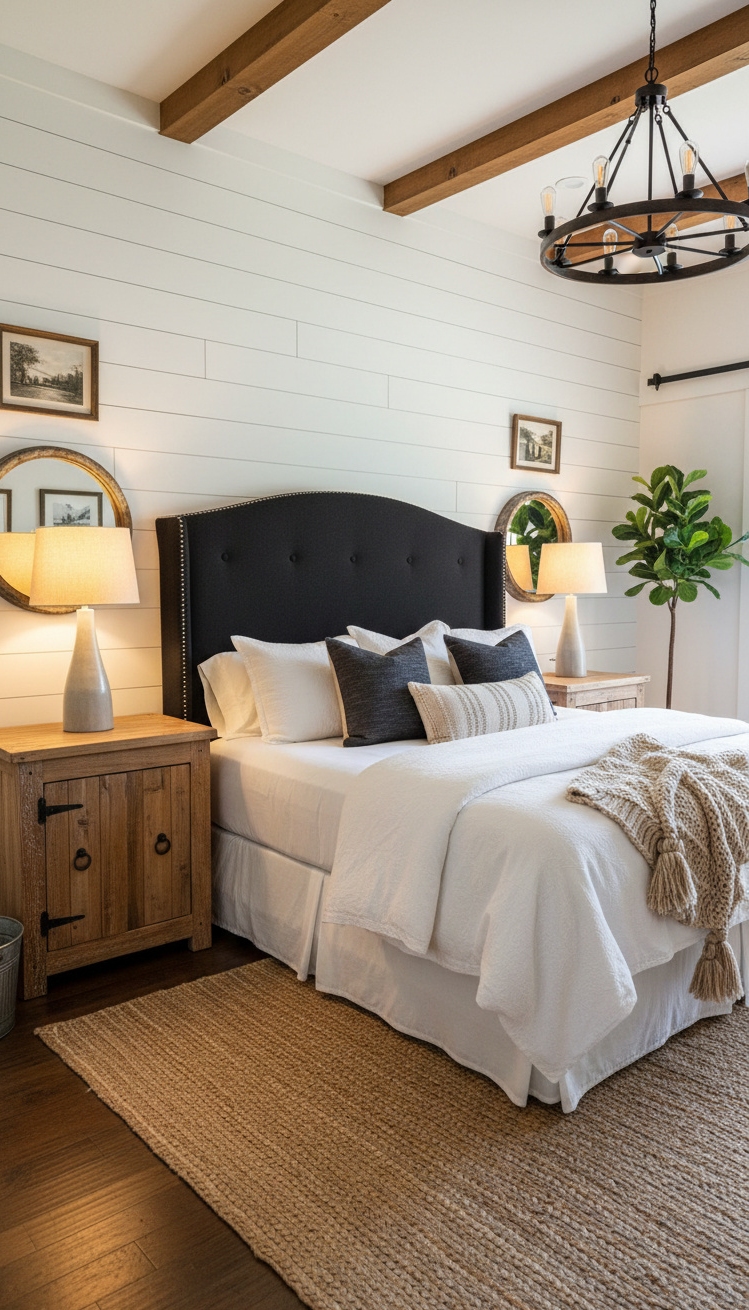 black and white bedroom ideas - Rustic Meets Modern: Black Headboards and White Shiplap Walls - Black headboard contrasts with white shiplap