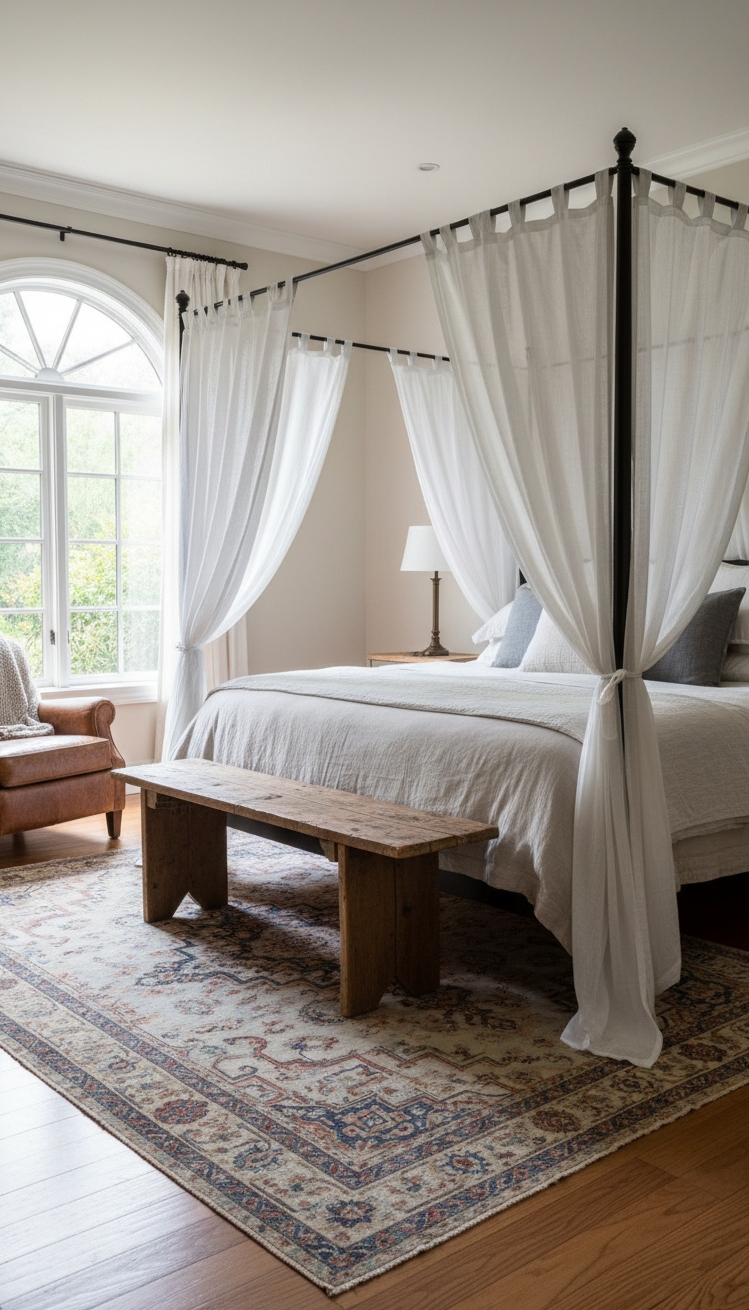 black and white bedroom ideas - Statement Four-Poster Beds in Monochrome Bedrooms - Black four-poster bed contrasts with sheer white curtains