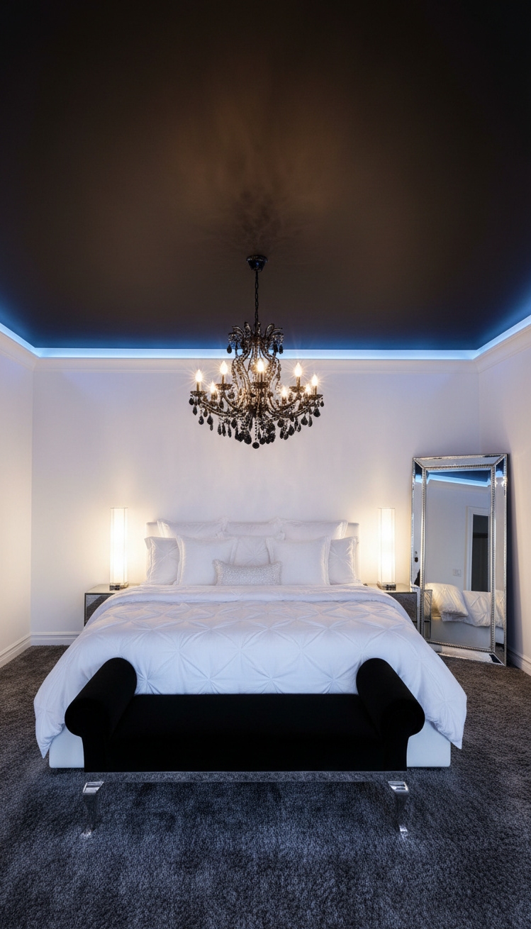 black and white bedroom ideas - Creating Drama with Black Ceilings and White Walls - Bold black ceiling contrasts with crisp white walls