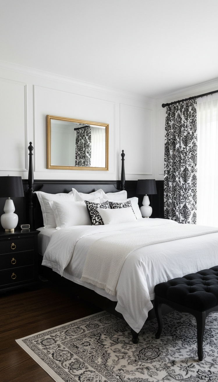 black and white bedroom ideas - Playful Patterns: Curtains and Bedding in Black and White - Patterned curtains soften the room