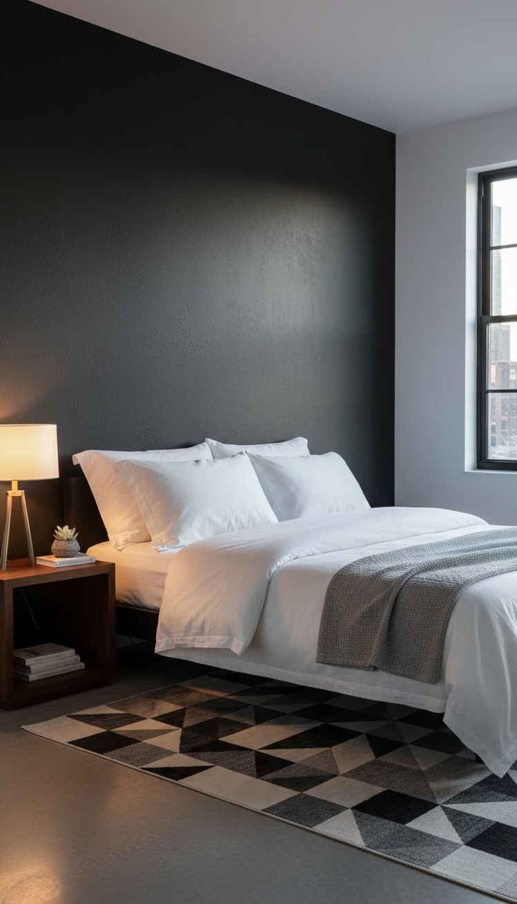 black and white bedroom ideas - Modern Minimalism: Crisp White Linens and Dark Walls - White sheets contrast with dark wall