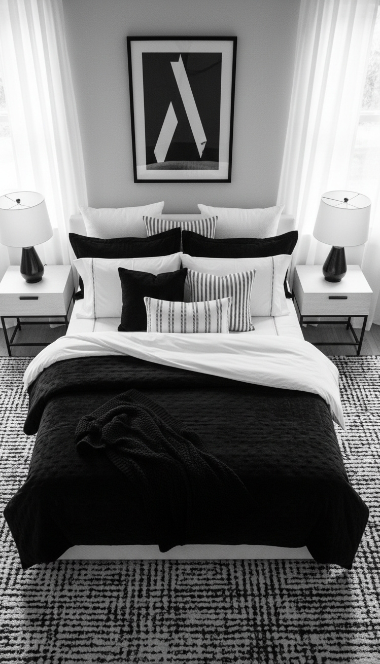 black and white bedroom ideas - Textured Comfort: Layered Blankets and Contrasting Pillows - Soft blankets and pillows create cozy vibe