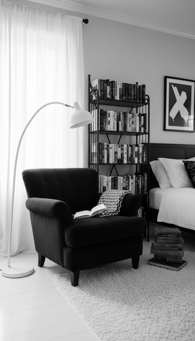 black and white bedroom ideas - Serene Reading Nooks with Black and White Contrast - Black armchair and white floor lamp create calm space