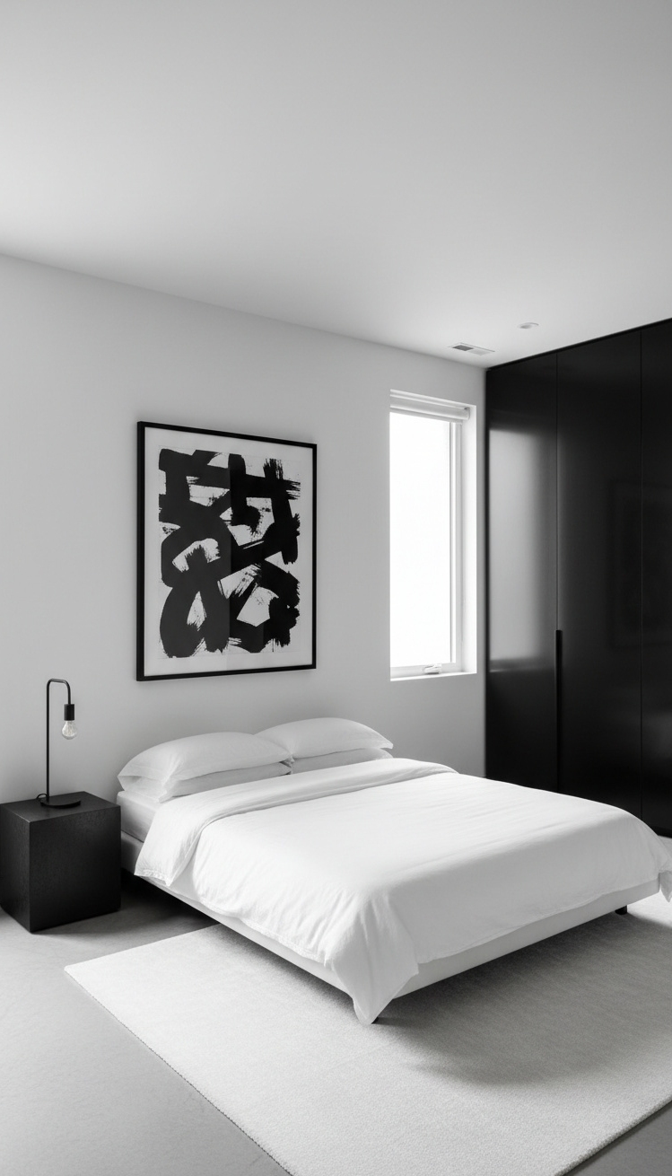 black and white bedroom ideas - Bright Linens and Minimalist Decor for a Spacious Feel - White sheets glow against dark floor