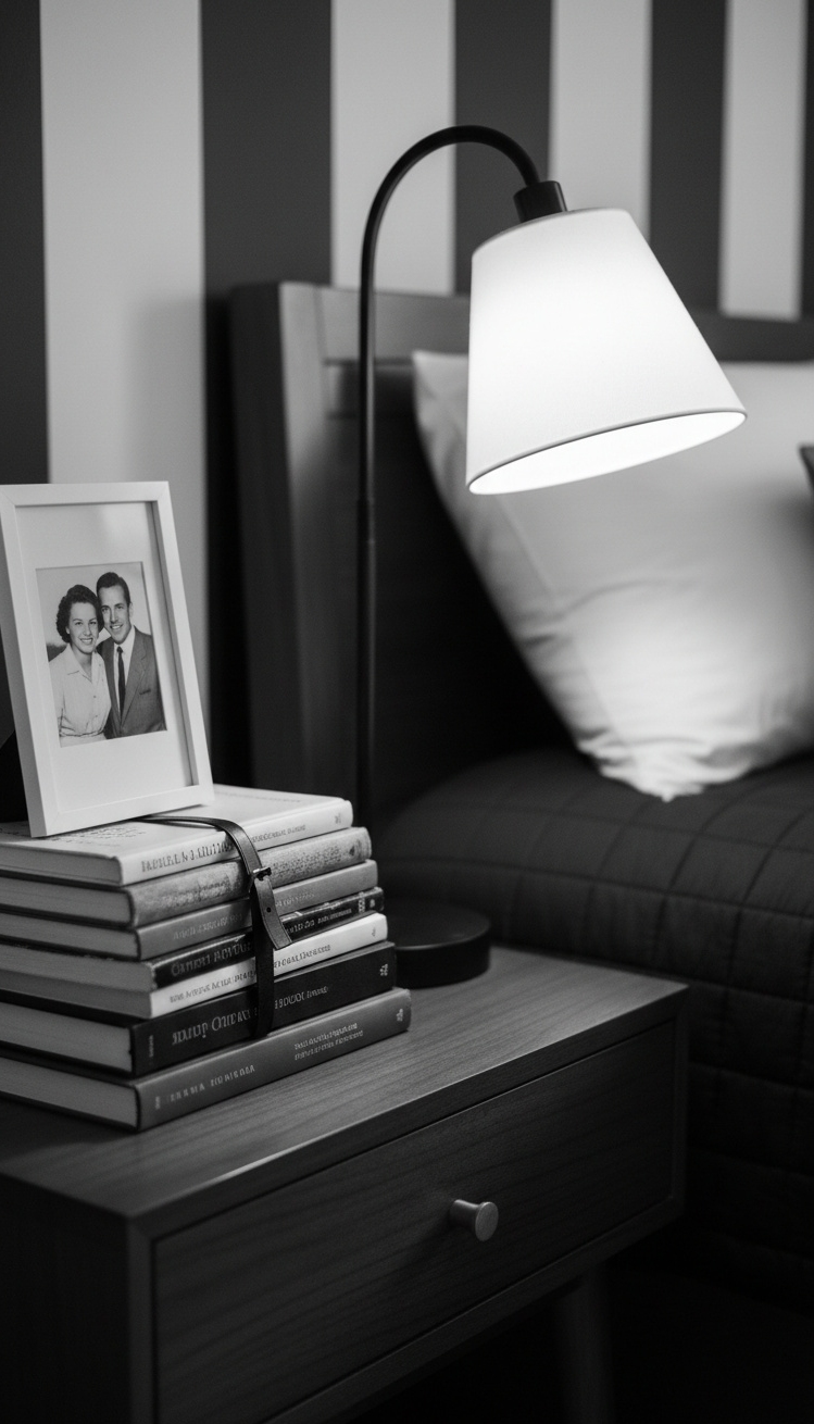 black and white bedroom ideas - Personalized Touches: Books and Photos in Black and White Bedrooms - Stacked books and black and white photo