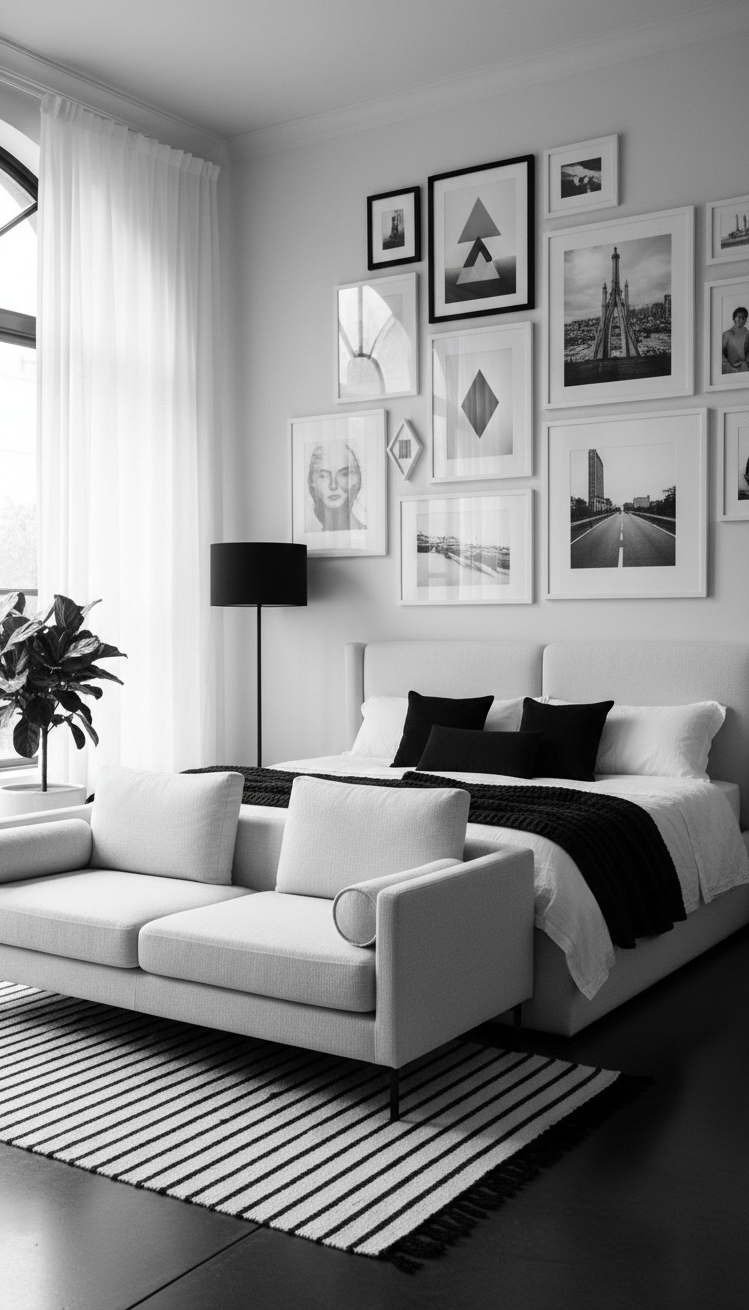black and white bedroom ideas - Gallery Walls and Cozy Seating in Black and White Bedrooms - Framed prints and white sofa create focal points