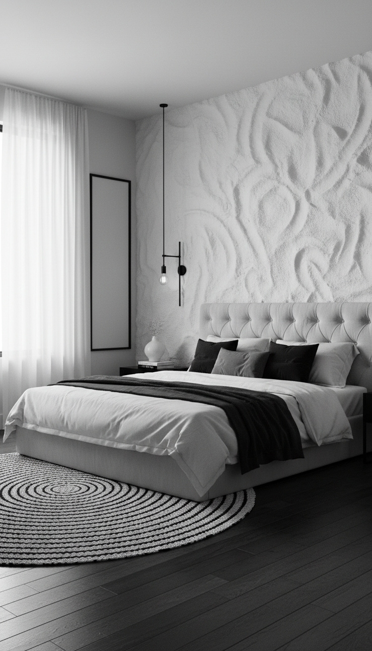 black and white bedroom ideas - Textured Walls and Subtle Lighting in Monochrome Bedrooms - Raised wall patterns highlighted by sconces