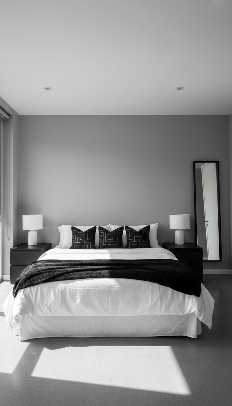 black and white bedroom ideas - Inviting Minimalism: White Linens and Black Accents - King-size bed with white linens and black pillows