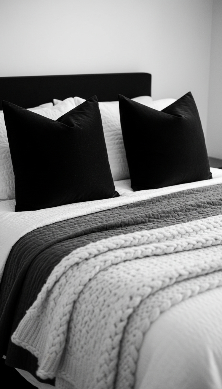 black and white bedroom ideas - Layered Bedding for a Cozy Monochrome Retreat - Soft blankets and pillows in black, white, and gray