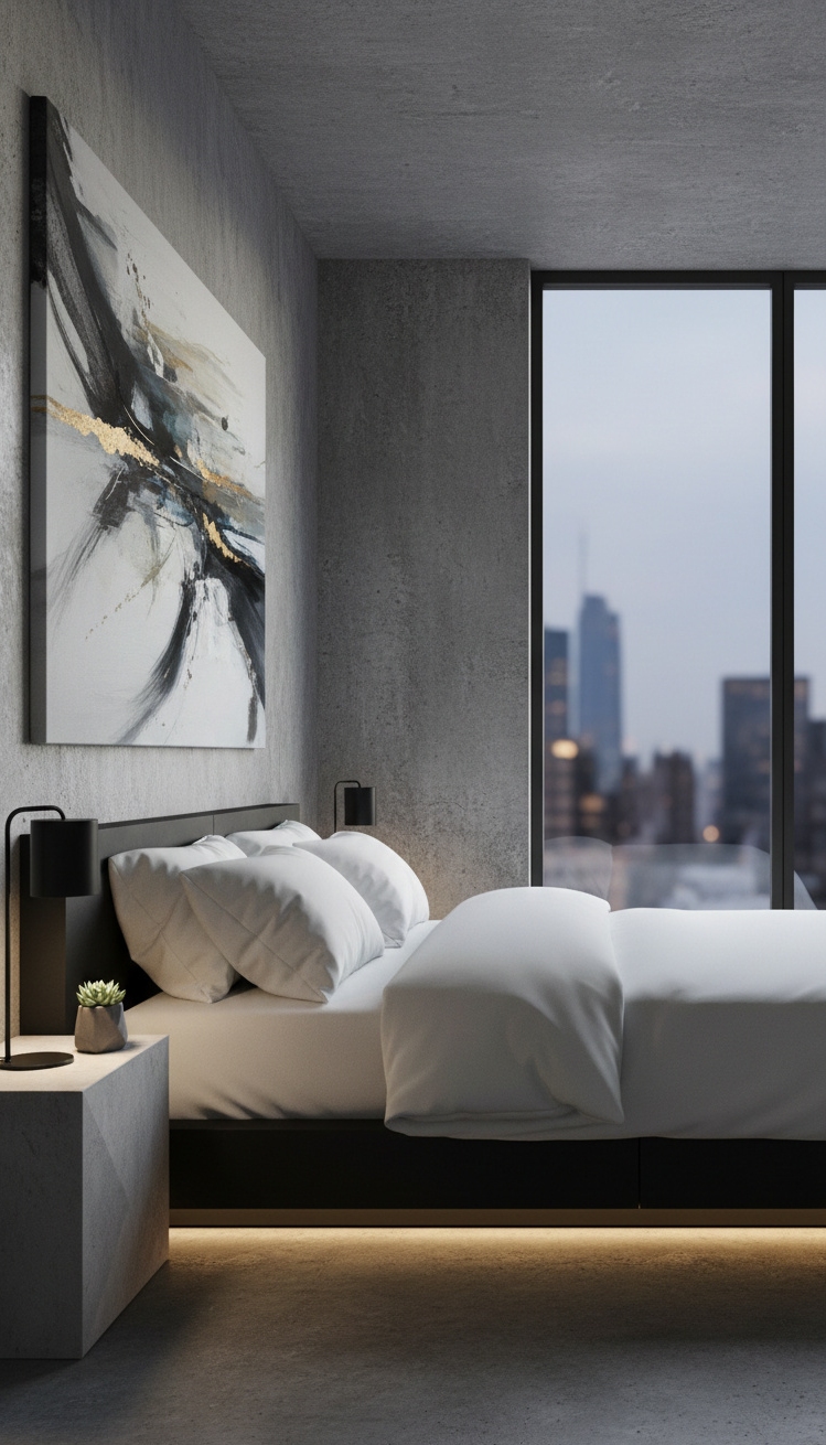 black and white bedroom ideas - Concrete Walls and Sleek Furnishings for Modern Edge - Cool concrete walls with black platform bed