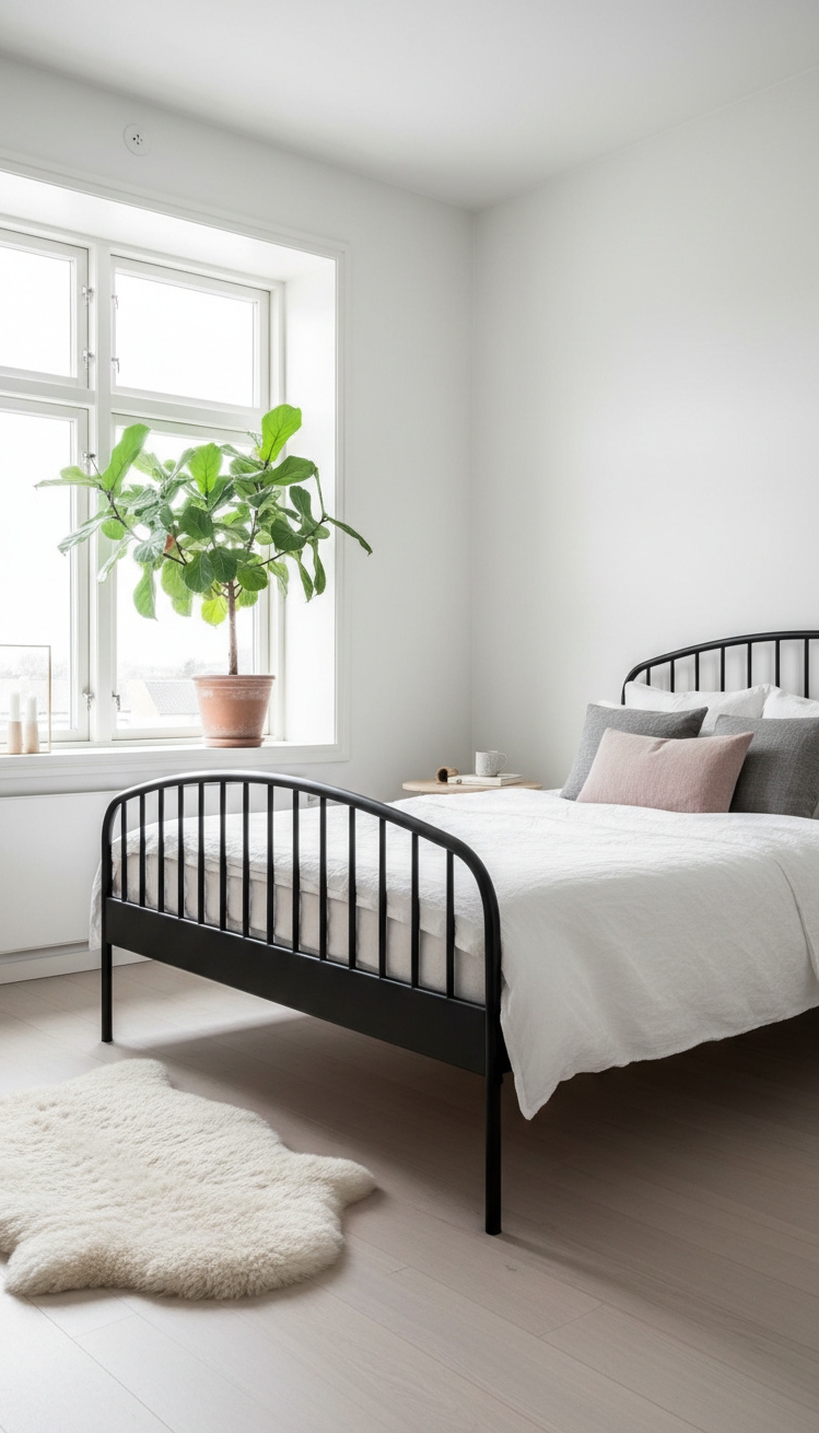 black and white bedroom ideas - Metal Frames and Natural Textures in Monochrome Bedrooms - Black metal bed frame with sheepskin rug