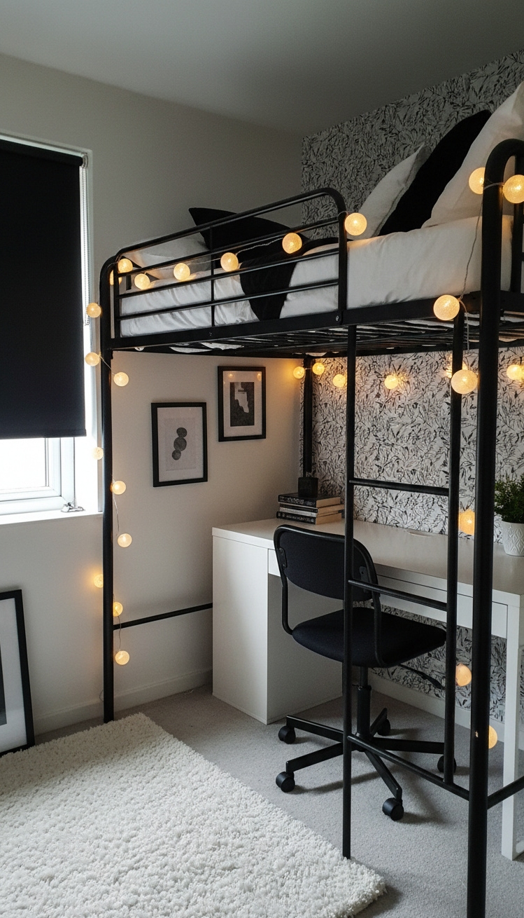 black and white bedroom ideas - Maximizing Small Spaces with Black Loft Beds - Black loft bed with string lights and desk underneath