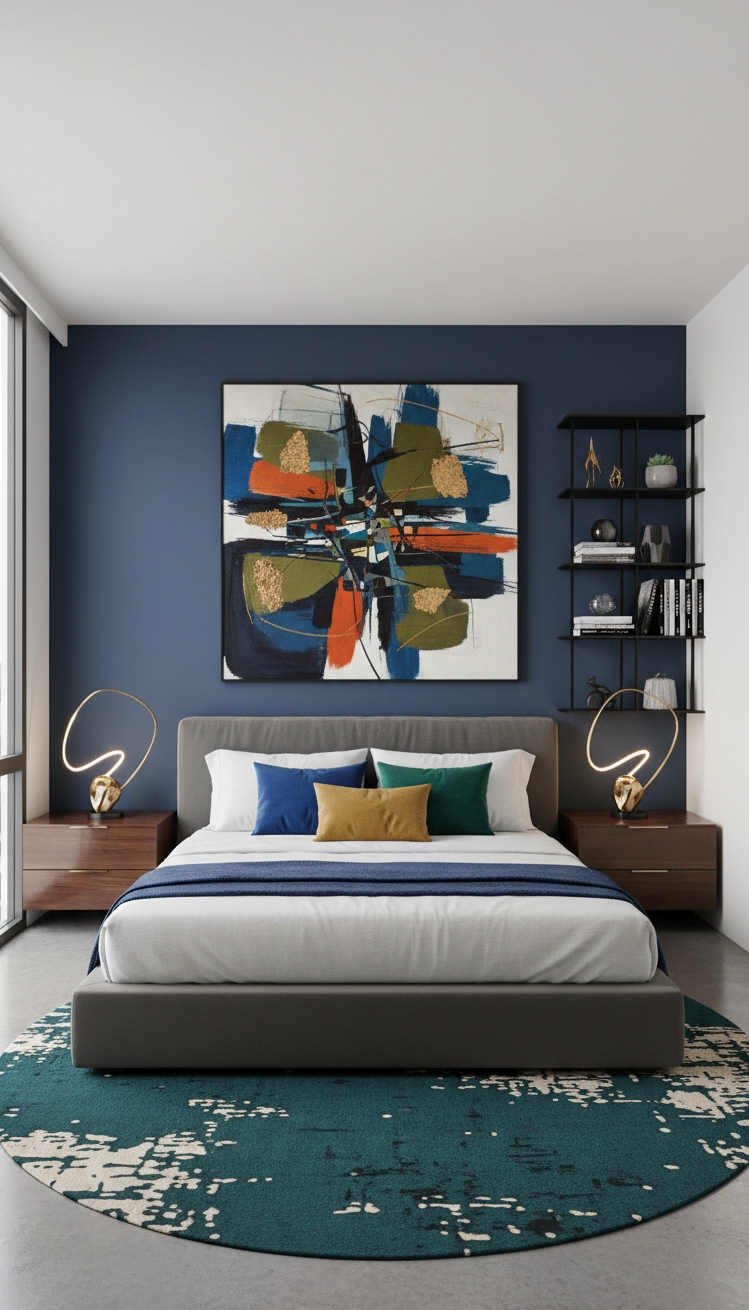 luxury bedroom master design - Incorporating Bold Accents for Visual Impact - Abstract art and sculptural lighting