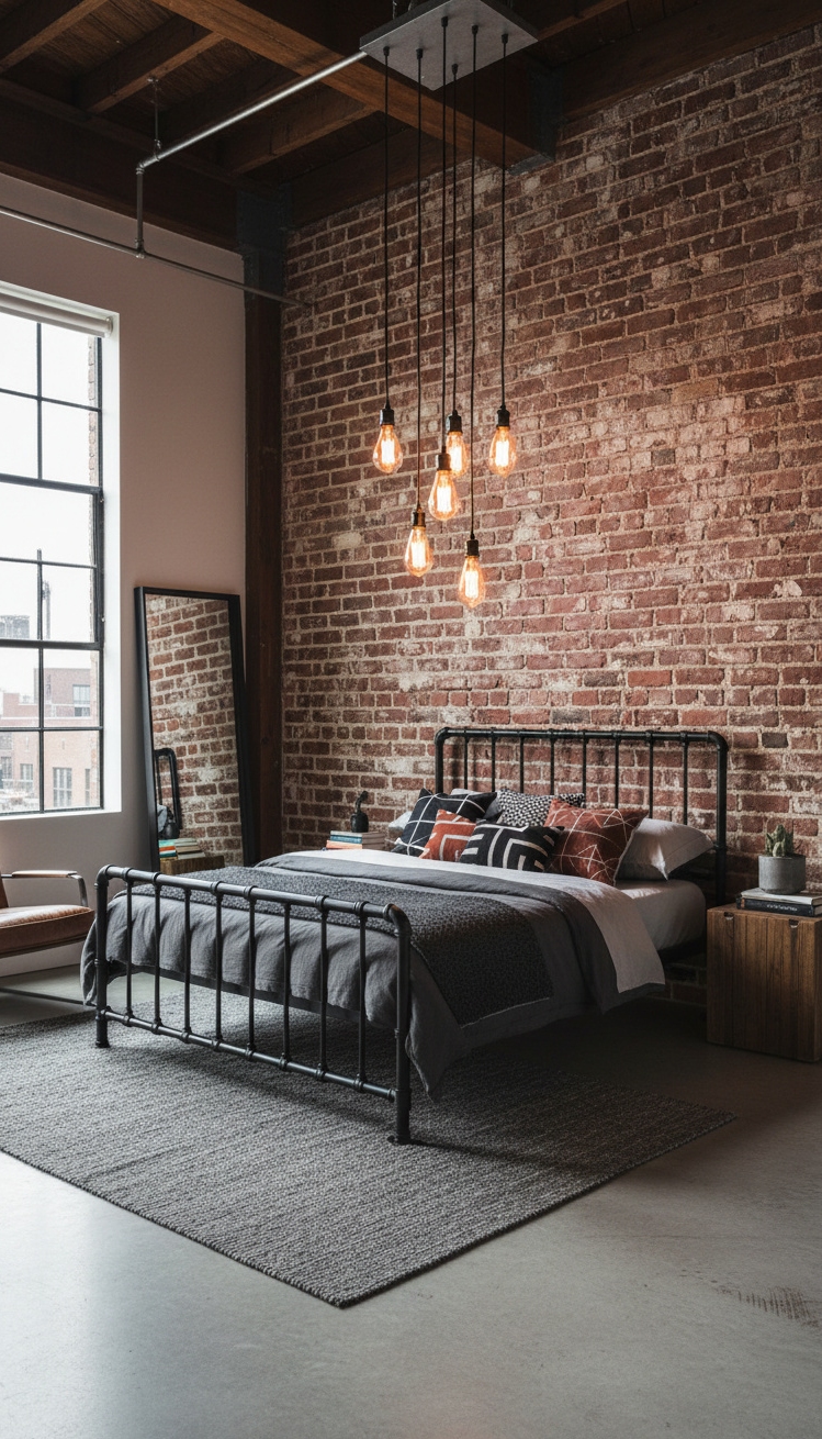 luxury bedroom master design - Industrial Chic: Raw Textures and Warmth - Exposed brick and Edison bulbs