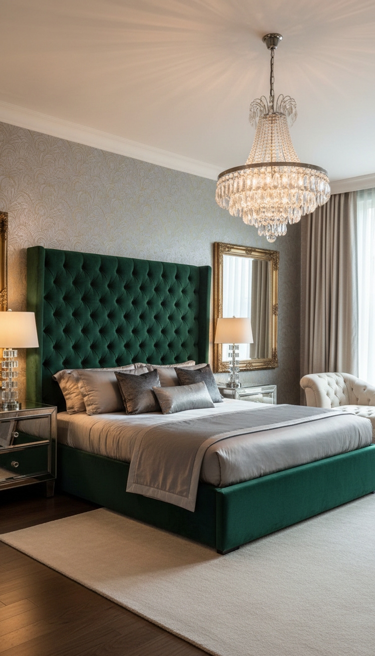 luxury bedroom master design - Opulent Glamour: Velvet and Mirrors - Velvet headboard and crystal chandelier