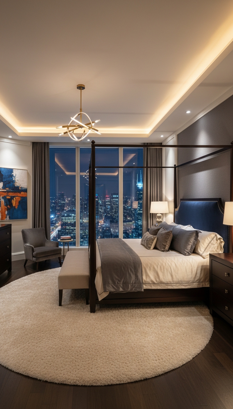luxury bedroom master design - Urban Sophistication: Cityscape Master Bedrooms - Floor-to-ceiling windows and dark wood