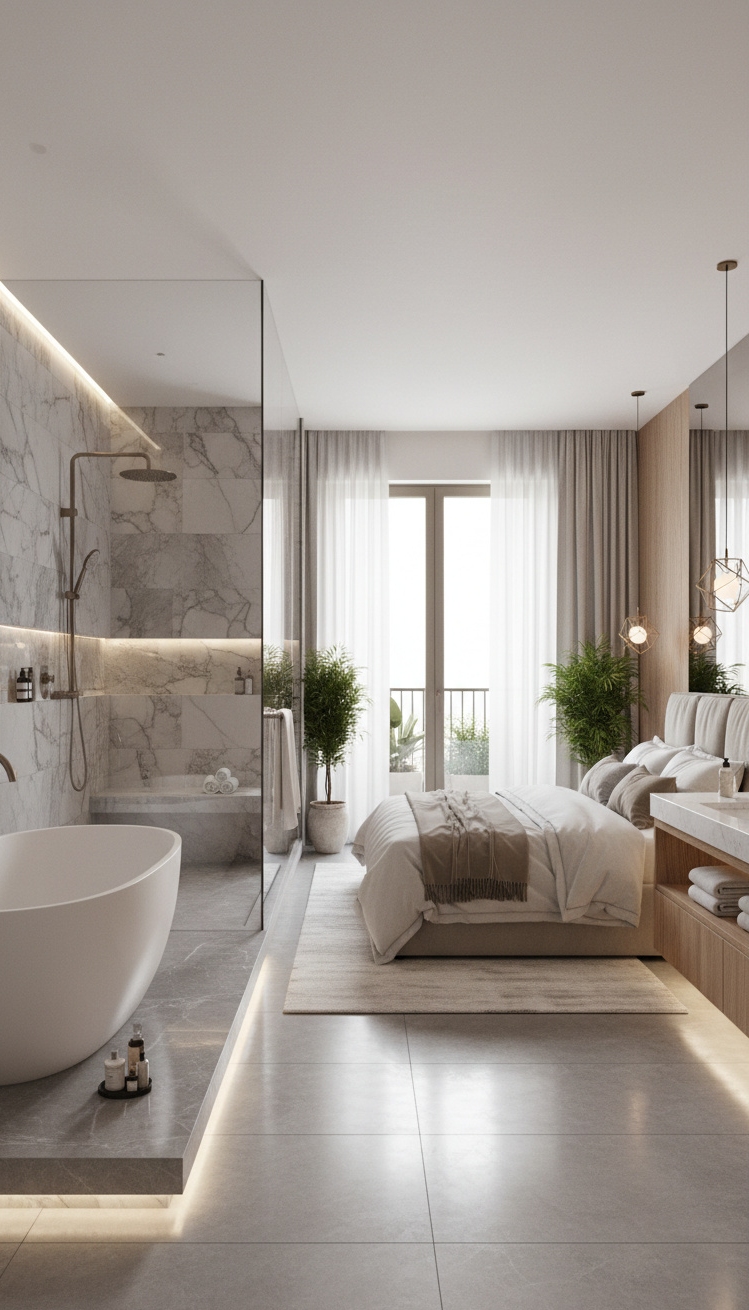luxury bedroom master design - Bathroom Elegance: Freestanding Tubs and Soothing Palettes - Soaking tub and glass shower
