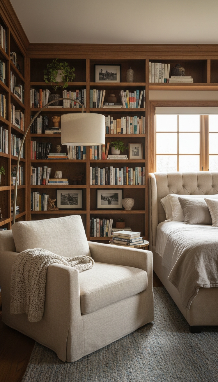 luxury bedroom master design - Cozy Reading Nooks - Plush armchair and bookshelves