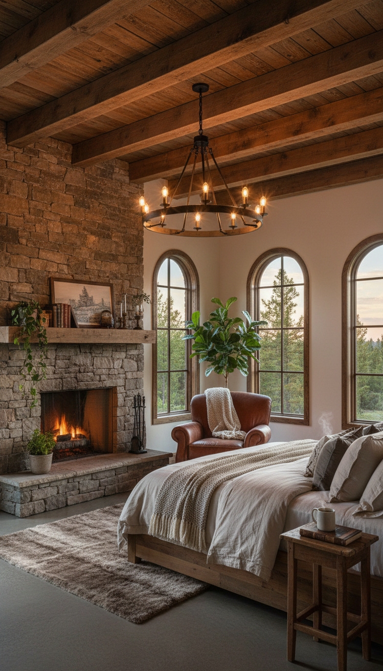 luxury bedroom master design - Rustic Charm Meets Refined Comfort - Exposed beams and stone fireplace