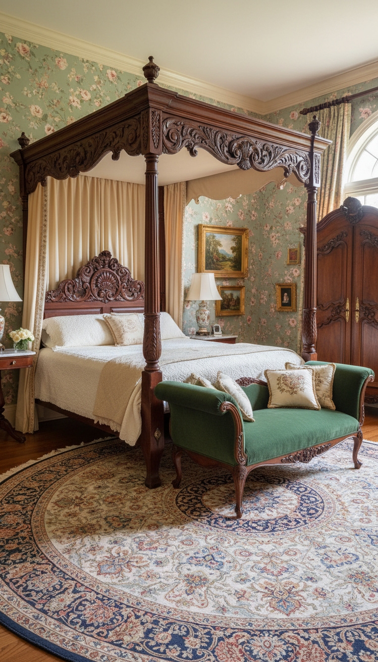 luxury bedroom master design - Timeless Classic Bedrooms - Four-poster bed and floral wallpaper