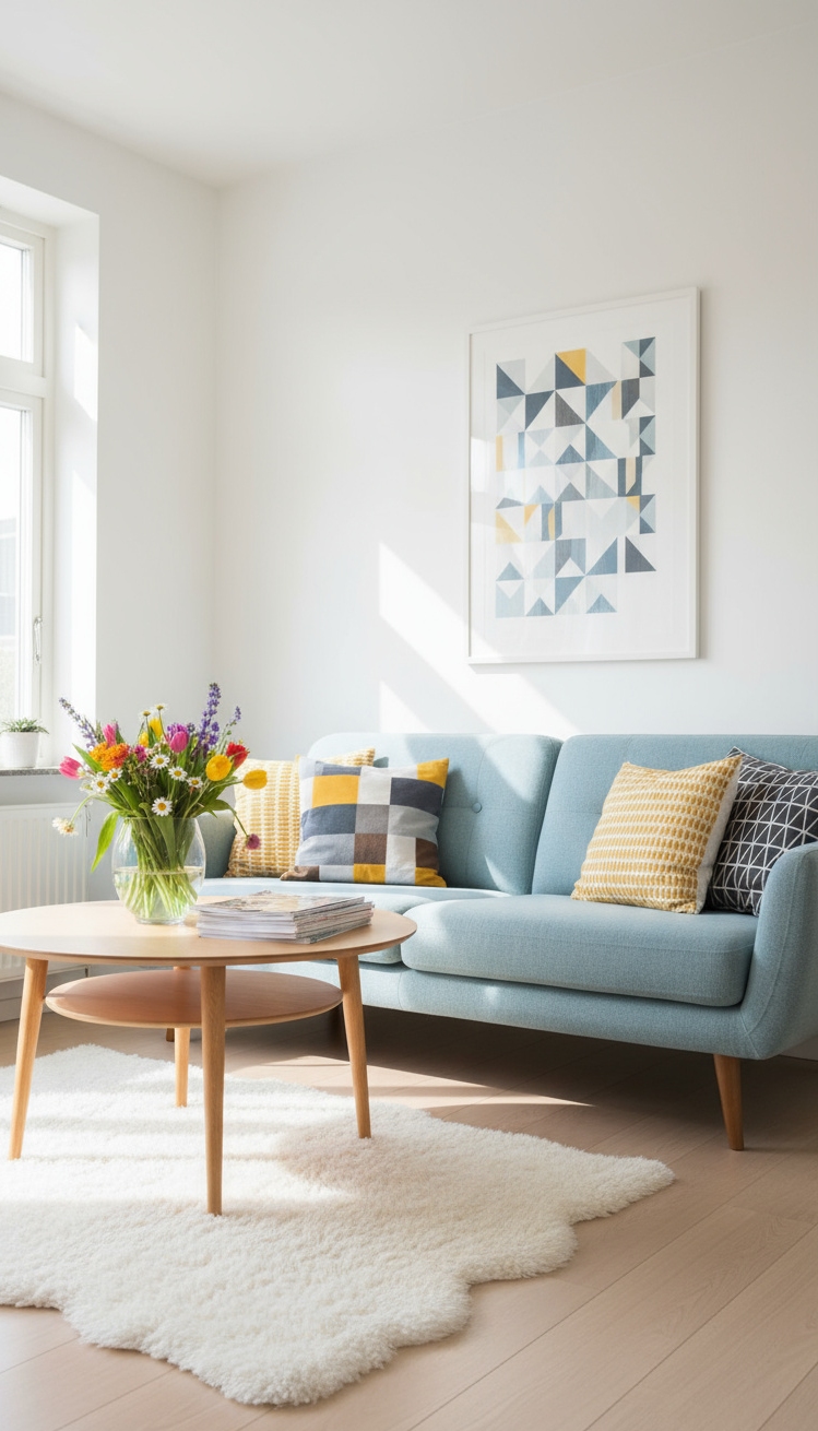 Light Blue Couch Living Room Ideas - Mid-Century Modern Charm