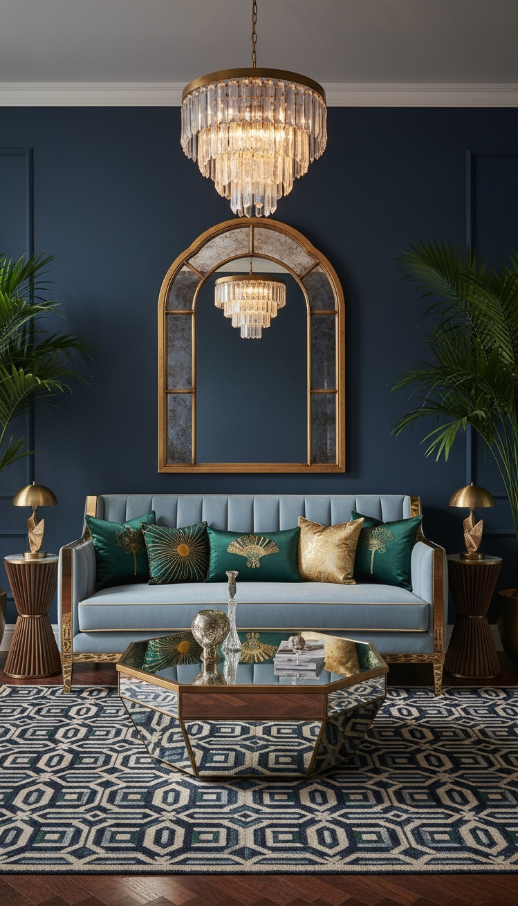 Light Blue Couch Living Room Ideas - Luxurious Art Deco Inspiration