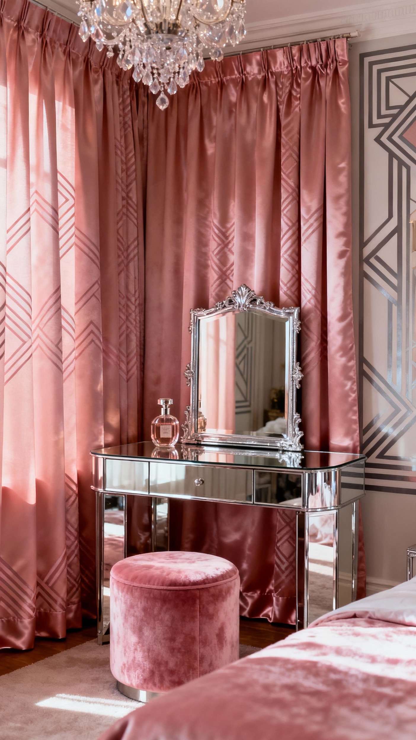 pink curtains bedroom ideas - Glamorous Pink Satin Curtains - Salmon pink satin curtains with geometric patterns...