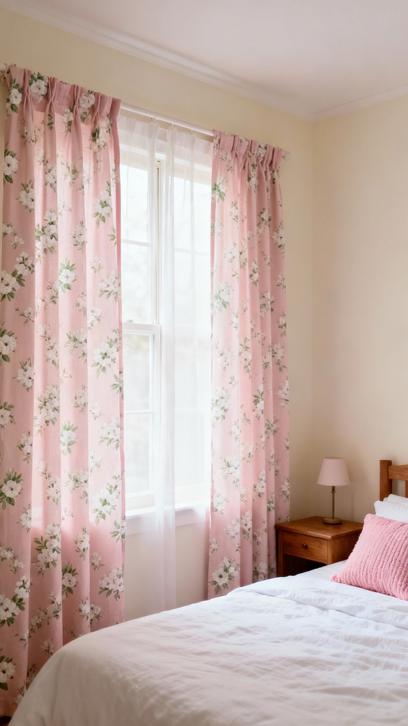 pink curtains bedroom ideas - Floral Pink Curtains - These pale pink curtains with floral motifs...