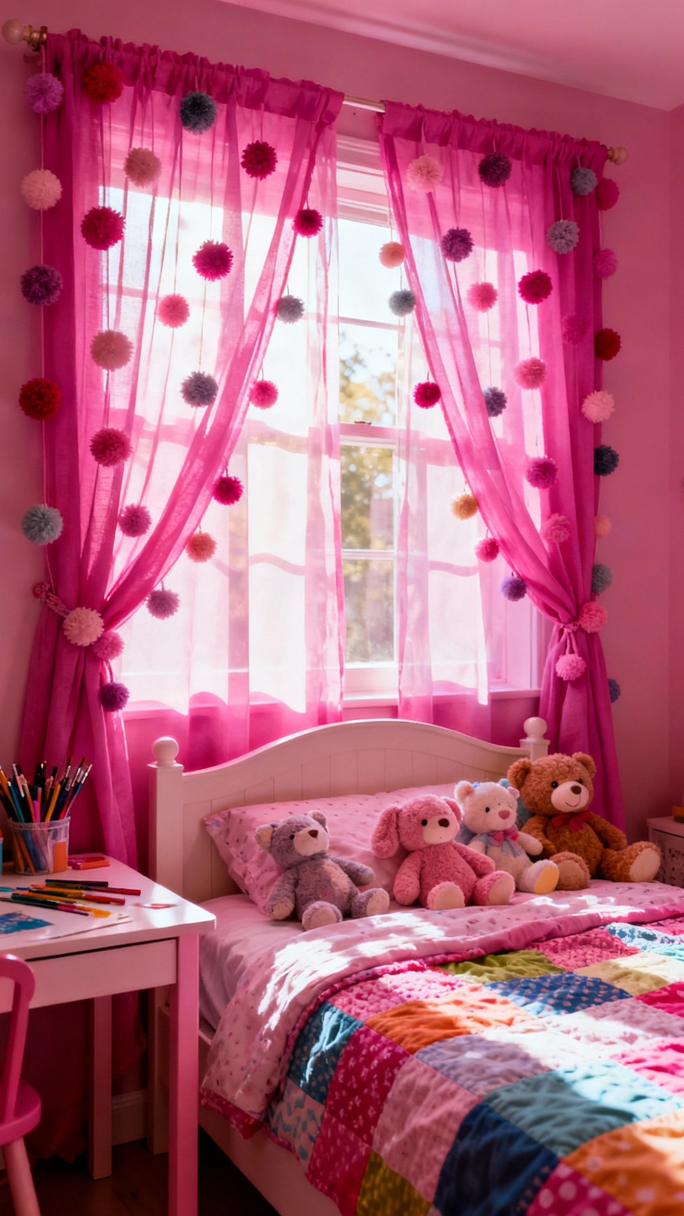pink curtains bedroom ideas - Playful Fuchsia Curtains - Fuchsia pink curtains with pom-poms...