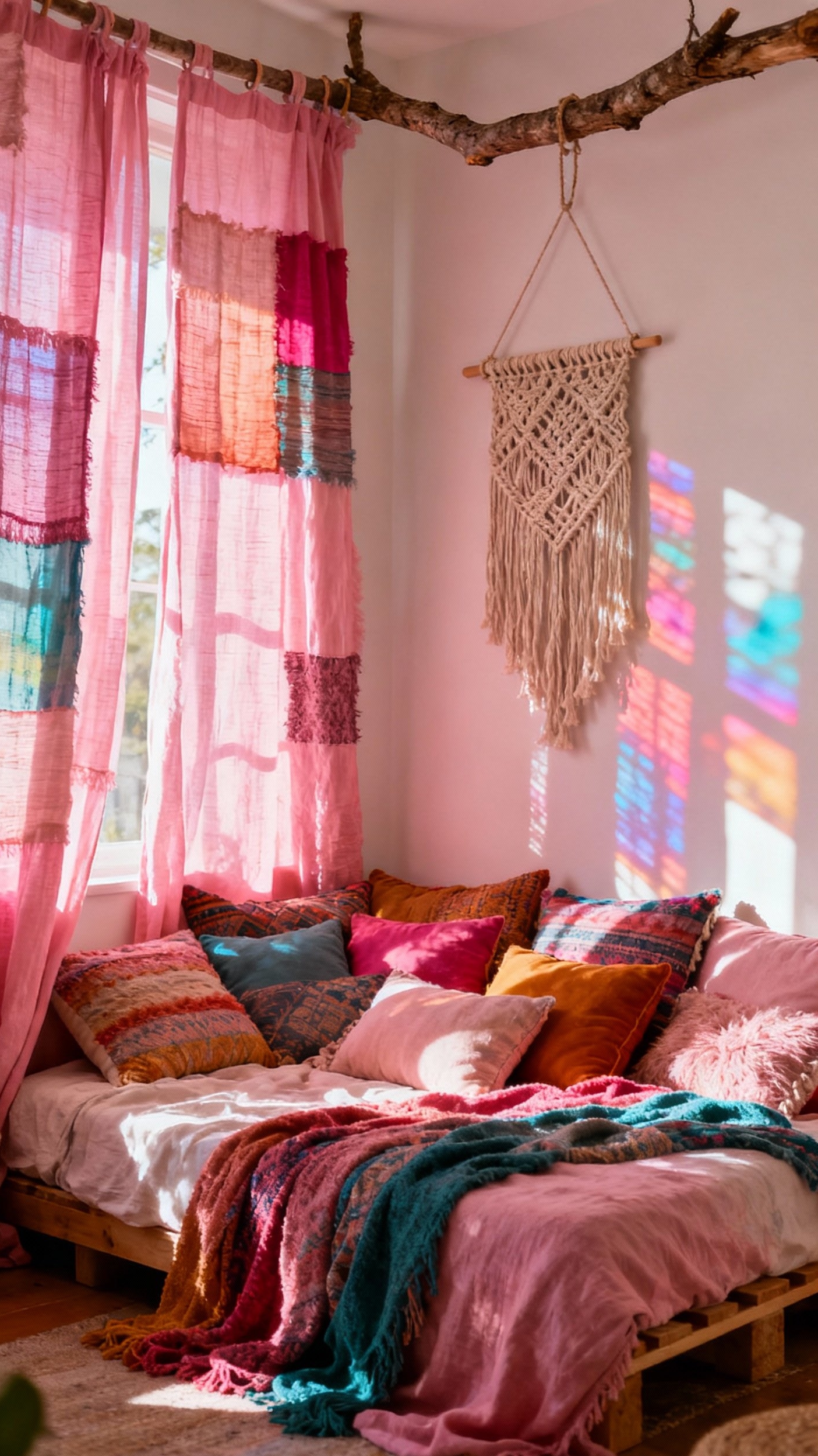 pink curtains bedroom ideas - Patchwork Pink Curtains - Patchwork curtains in bohemian bedroom...