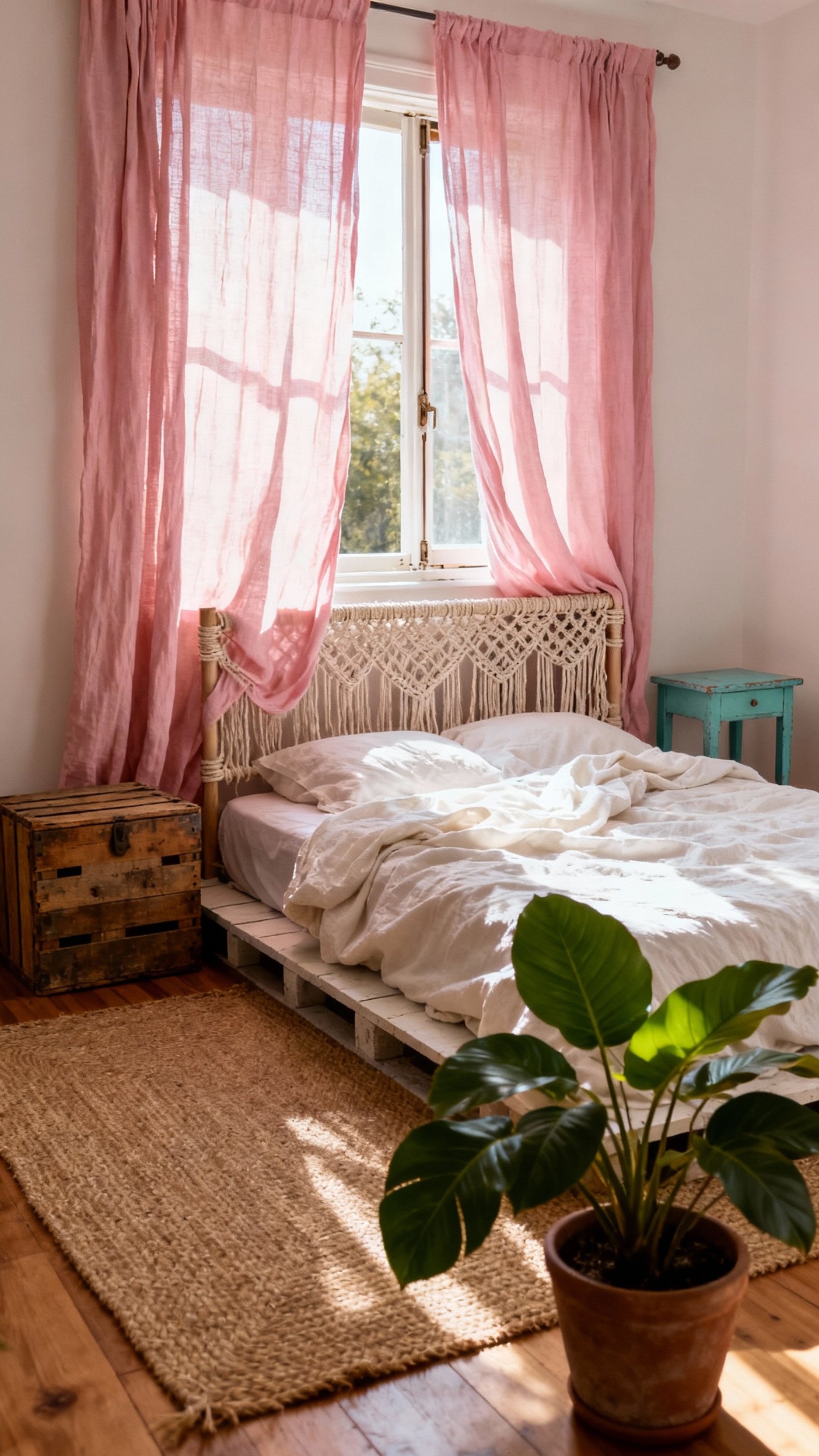 pink curtains bedroom ideas - Bohemian Blush Curtains - Blush pink linen drapes in boho bedroom...