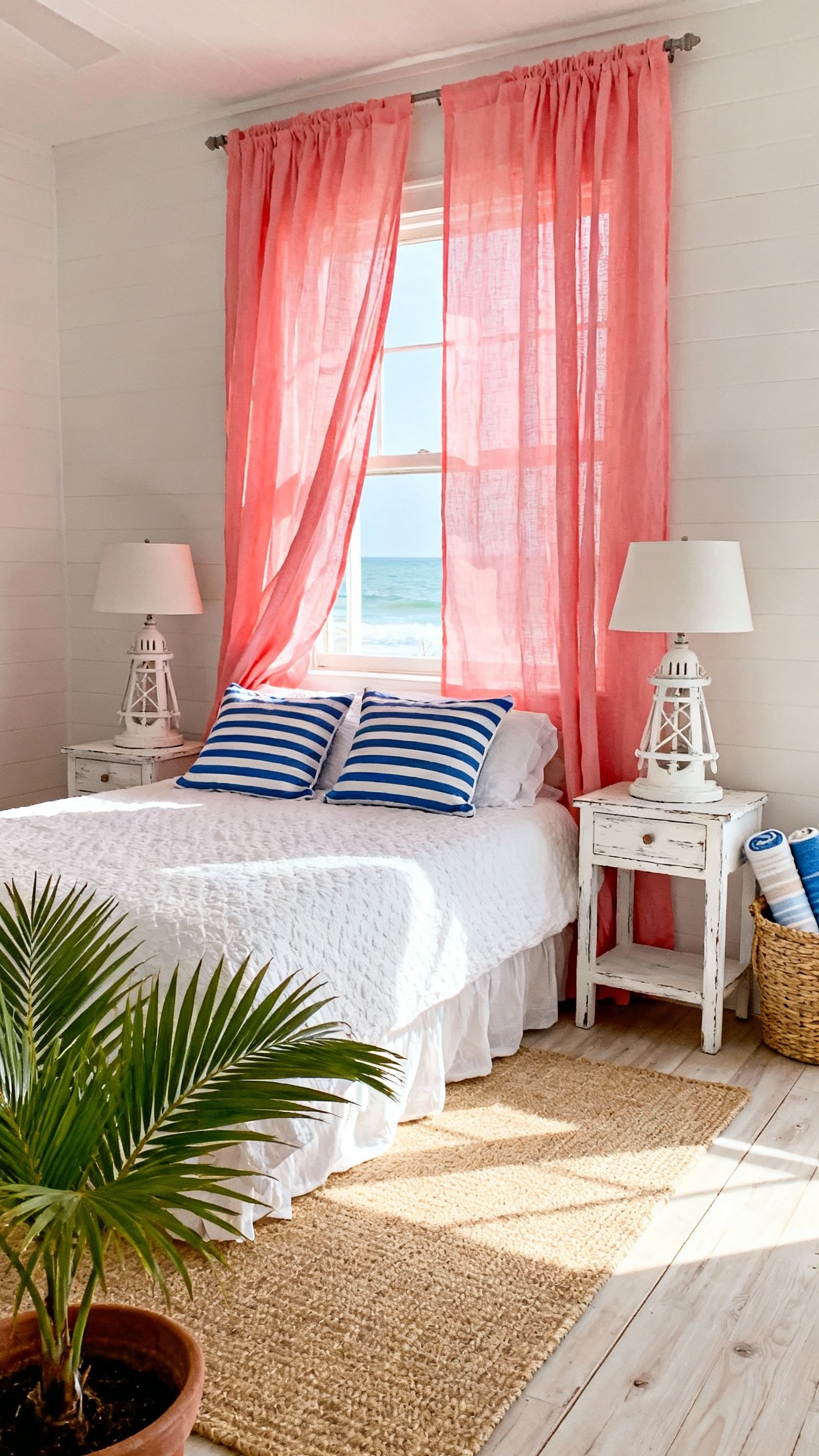 pink curtains bedroom ideas - Coastal Coral Pink Curtains - Coral pink linen curtains in coastal bedroom...