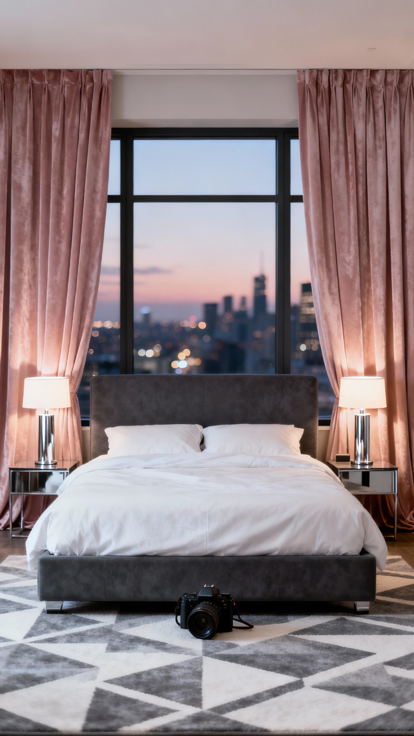 pink curtains bedroom ideas - Velvet Pale Rose Curtains - Pale rose velvet curtains framing cityscape...