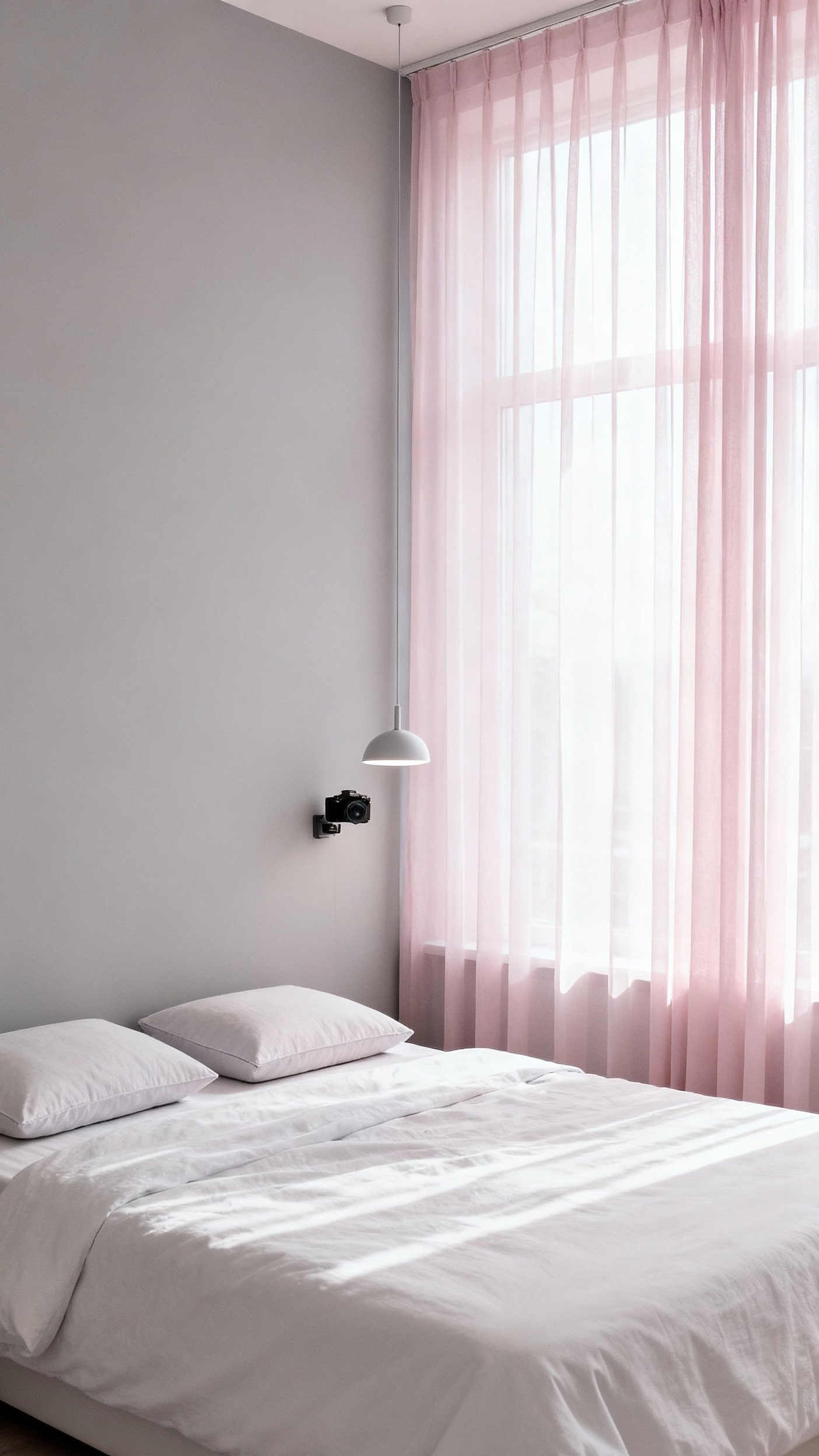 pink curtains bedroom ideas - Minimalist Whisper-Pink Curtains - Sheer whisper-pink curtains softening bedroom light...