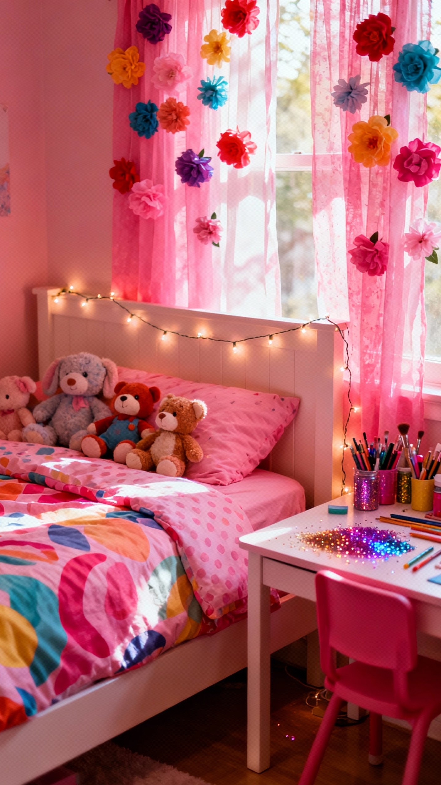pink curtains bedroom ideas - Vibrant Hot Pink Curtains - Hot pink curtains with fabric flower details...