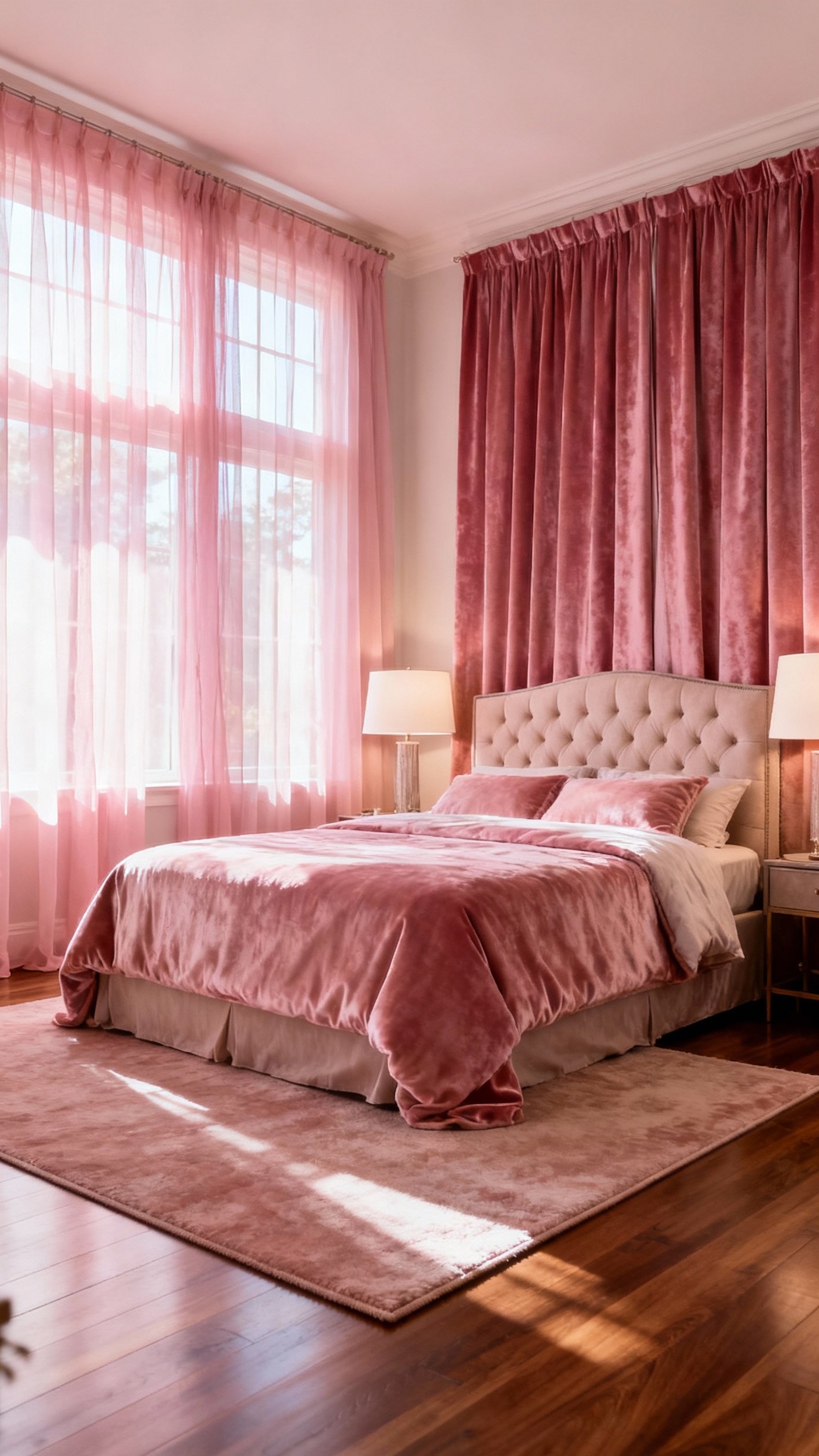 pink curtains bedroom ideas - Layered Pink Curtains - Blush sheer and rose velvet layered curtains...
