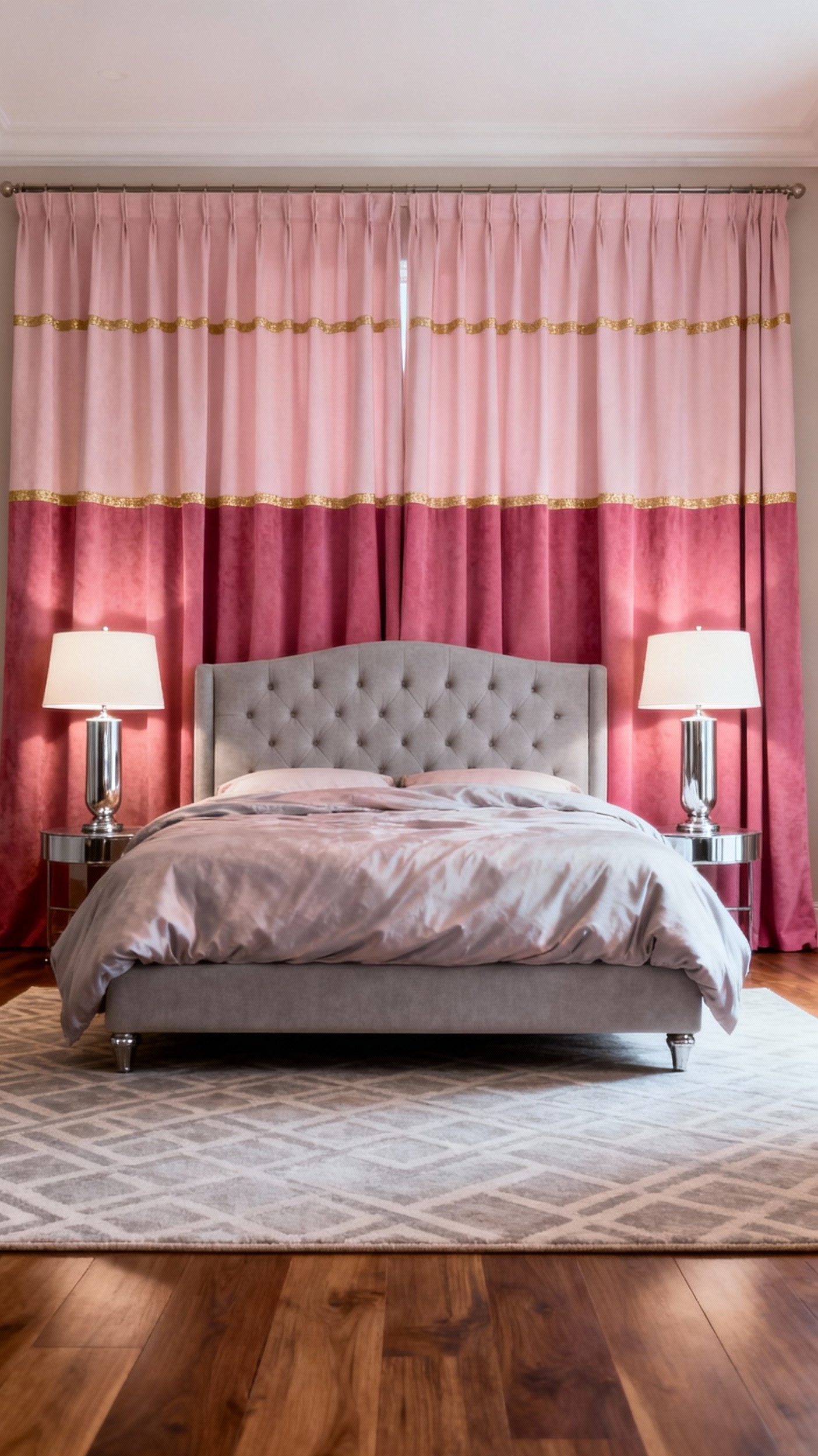 pink curtains bedroom ideas - Two-Tone Pink Curtains with Metallic Accents - Blush and rose curtains with gold trim...
