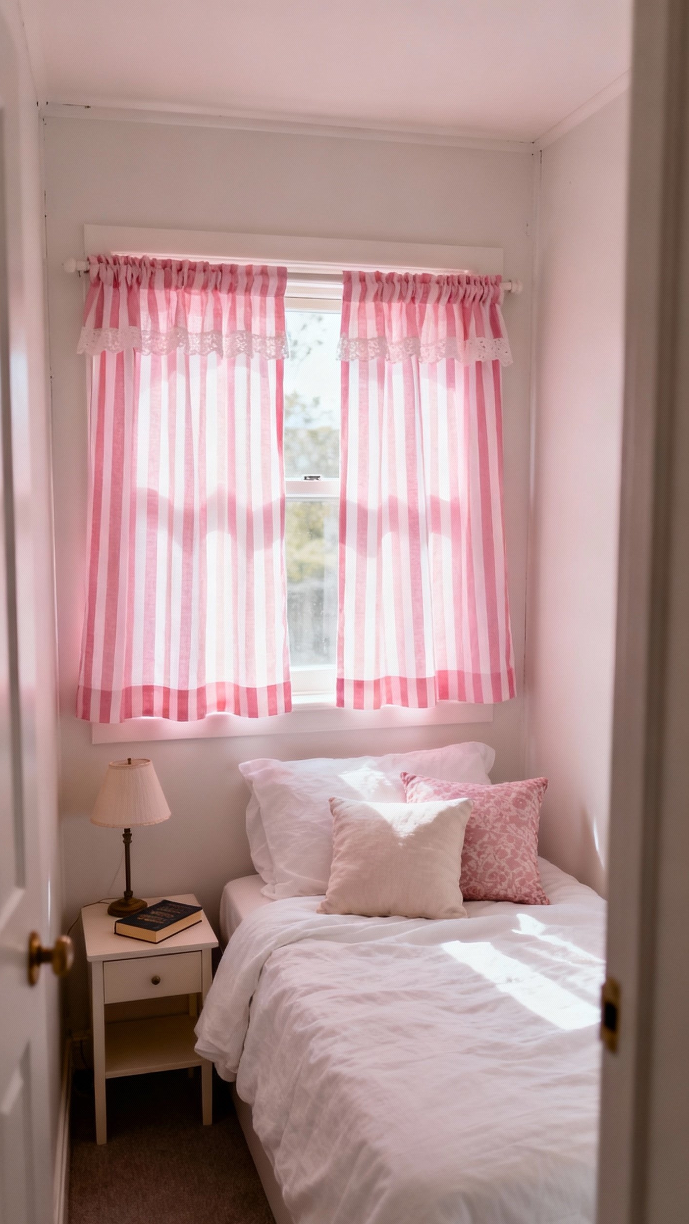 pink curtains bedroom ideas - Striped Blush Cafe Curtains - Blush pink and white striped cafe curtains...