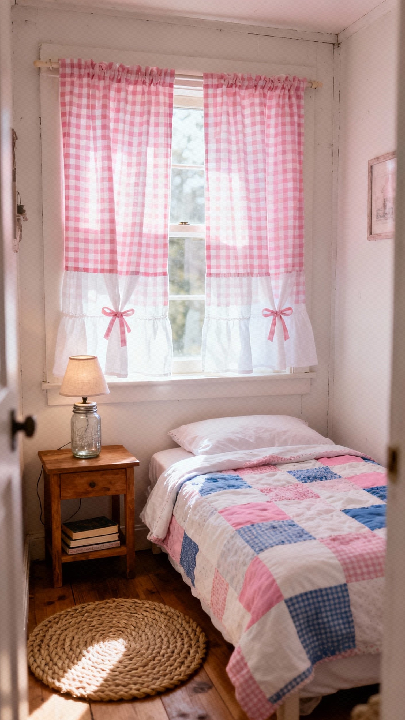 pink curtains bedroom ideas - Gingham Blush Curtains - Blush and white gingham cafe curtains...