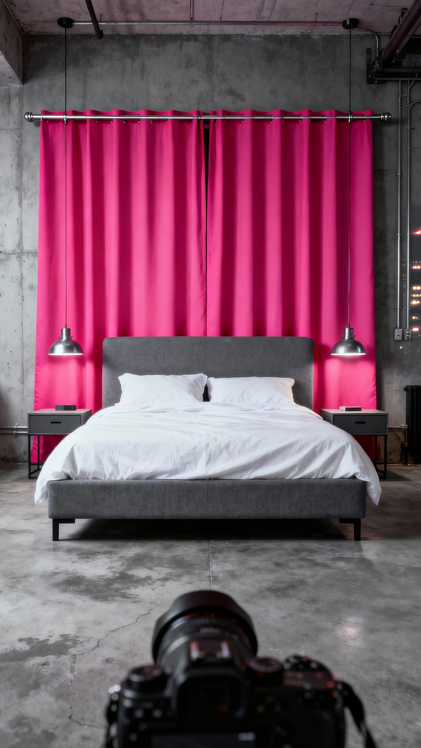 pink curtains bedroom ideas - Bold Hot Pink Blackout Curtains - Hot pink blackout curtains in urban loft...